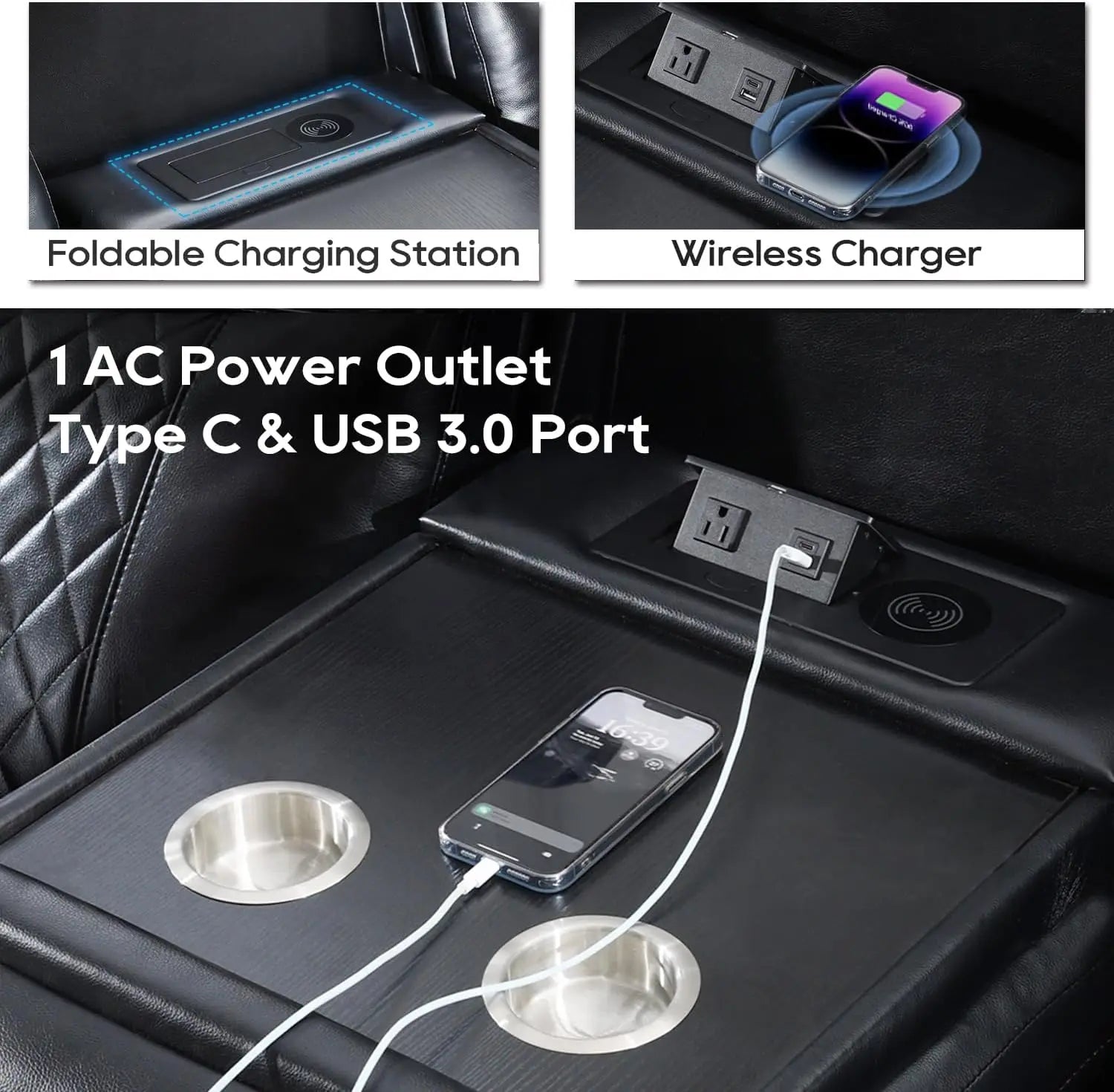 TODRANI Power Reclining Sofa 0 Gravity w/ Wireless Charger,LED Floor Lights,Reading Light, Drop-down Table USB/Type-C Port(070)