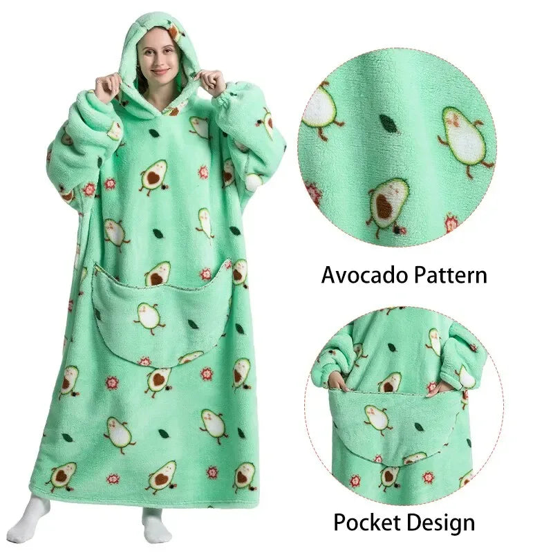 Super Long Oversized Homewear Blanket Hoodie For Adults Wearable Blankets Winter Clothes Fleece Avocado Women Sweatshirt - Luvia