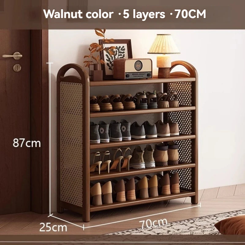 Multi layer shoe rack, retro style rattan woven simple home door shoe cabinet, large capacity storage rack for entrance doors