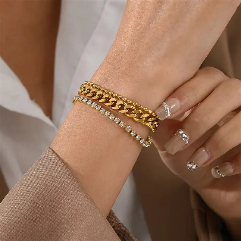 EILIECK 316L Stainless Steel Sparkling Rhinestone Chain Bracelet Bangles For Women Trendy Wrist Chain Waterproof Jewelry Gift - Luvia