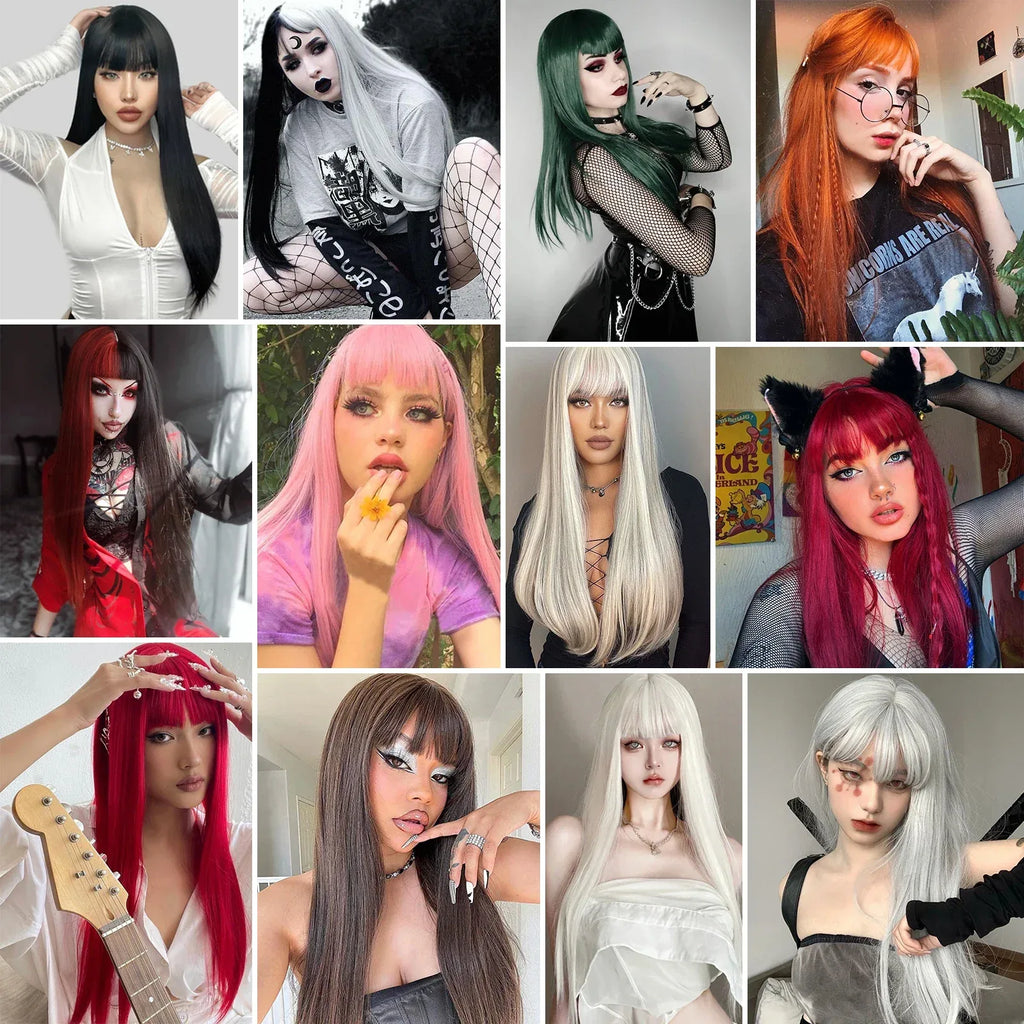 Synthetic Straight Wigs with Bangs Long Silky Heat Resistant Fiber Hair Full Machine Wig Cosplay Party Wig For Fashion Women - Luvia