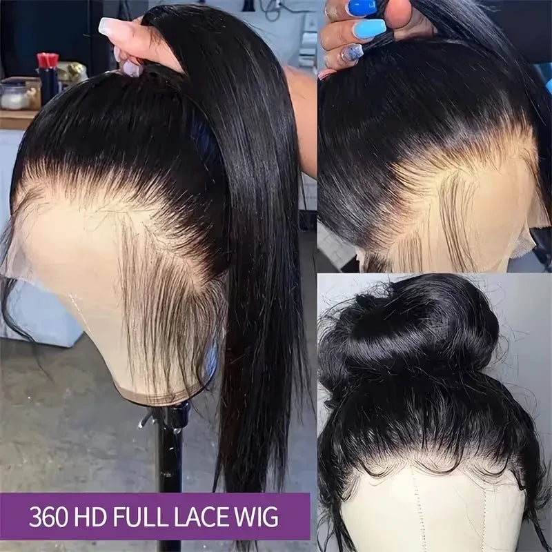 360 Full Hd Lace Wig Invisible Drawstring Glueless Wig Straight Human Hair Natural Color 220 Density Pre Plucked Ready To Wear - Luvia