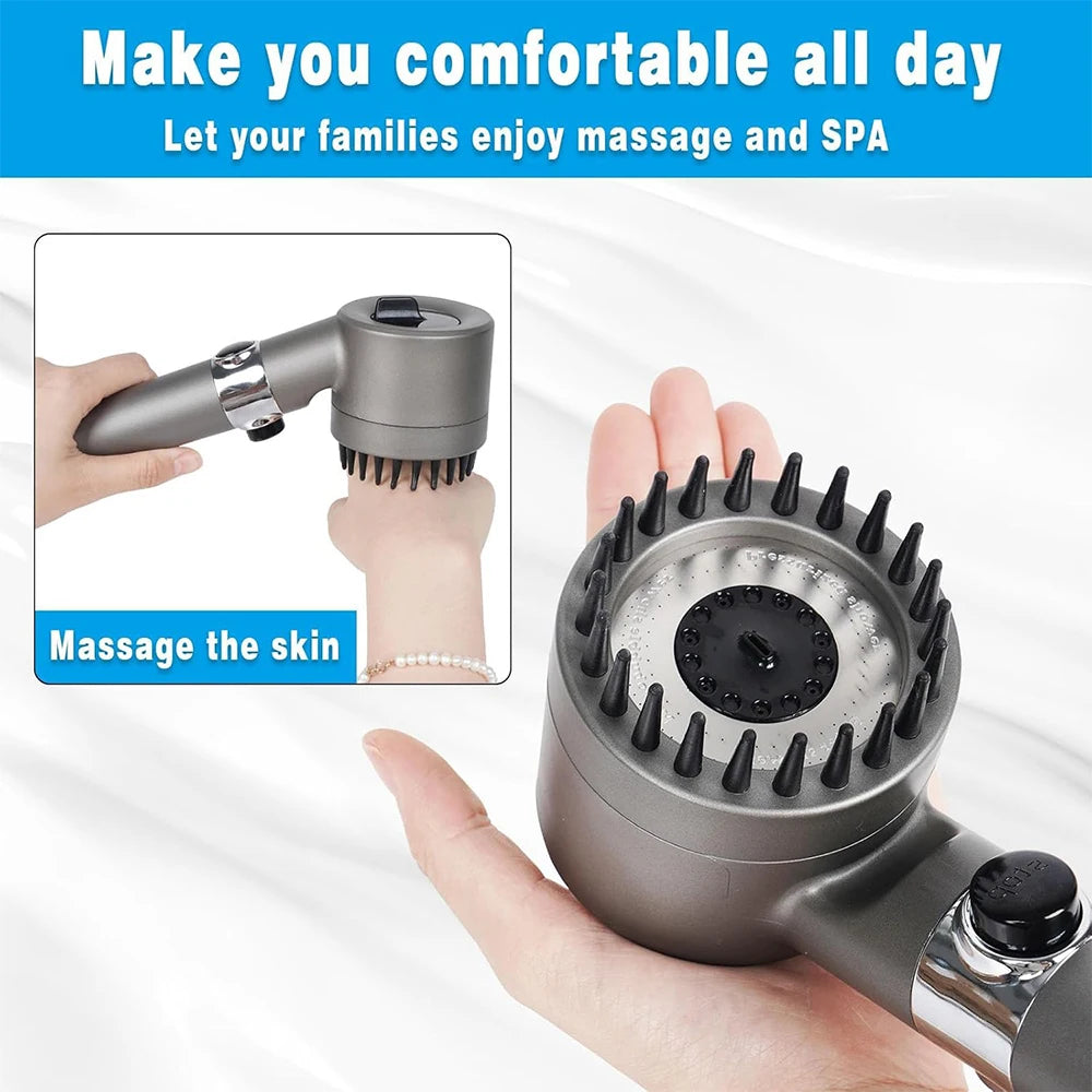 3 Modes Handheld Shower Head with Massage Brush Cotton Filters One-click Stop Water Saving High Pressure Showerhead for Bathroom
