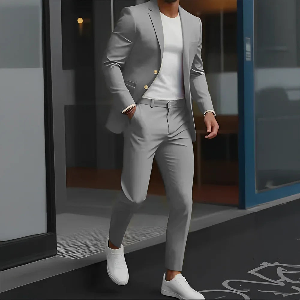 Formal Suit for Mens Business Work Clothes Office Jacket Pants 2-Piece Suit Wedding Groom Tuxedo 2-Button Blazer - Luvia