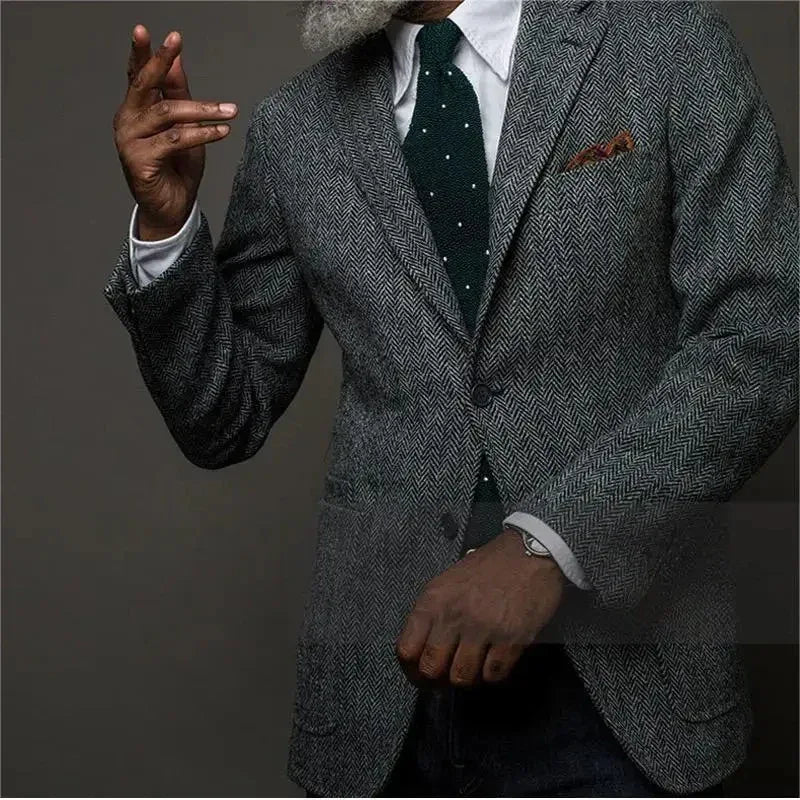 Men's Suit Brown Blazer Prom Tuxedos Herringbone Wool Tweed Single Breasted Formal Bussiness Wedding Groom's Jacket (Only Coat) - Luvia