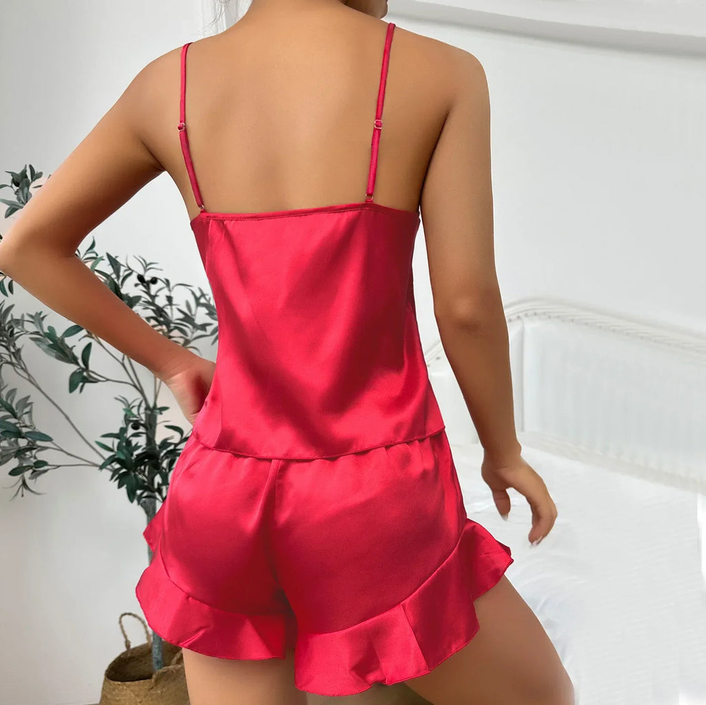 Simple Satin Pajama Set Long Sleeve Belted Robe V Neck Cami Top And Shorts Women's Sleepwear - Luvia