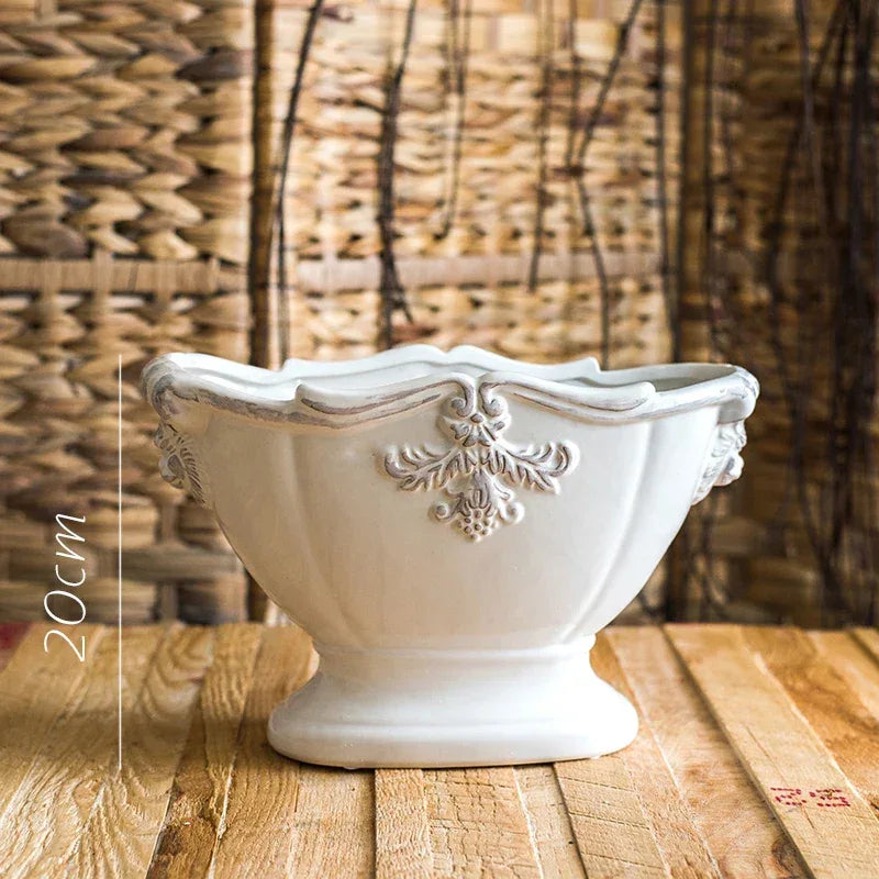 French Ceramic Vase Palace Flower Relief Decorative Living Room Flower Vases Retro Dining Room Desktop Ornaments Home Decoration - Luvia