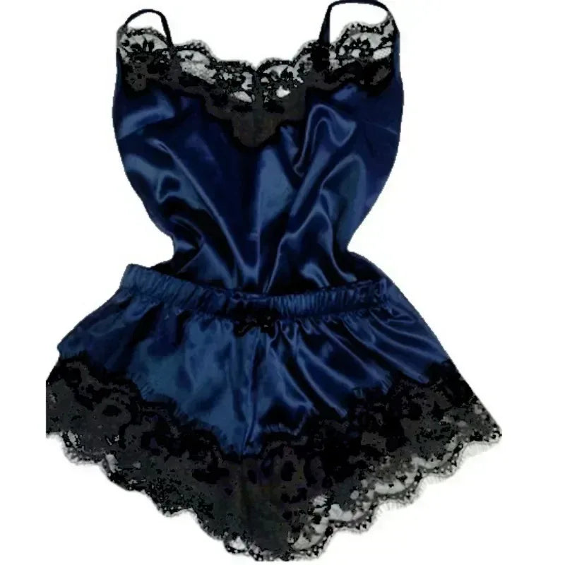 Summer Lace Silk Pajama Set for Women Sleepwear Sexy Lingerie Cami Top and Shorts Sets Comfortable Casual Pijamas - Luvia