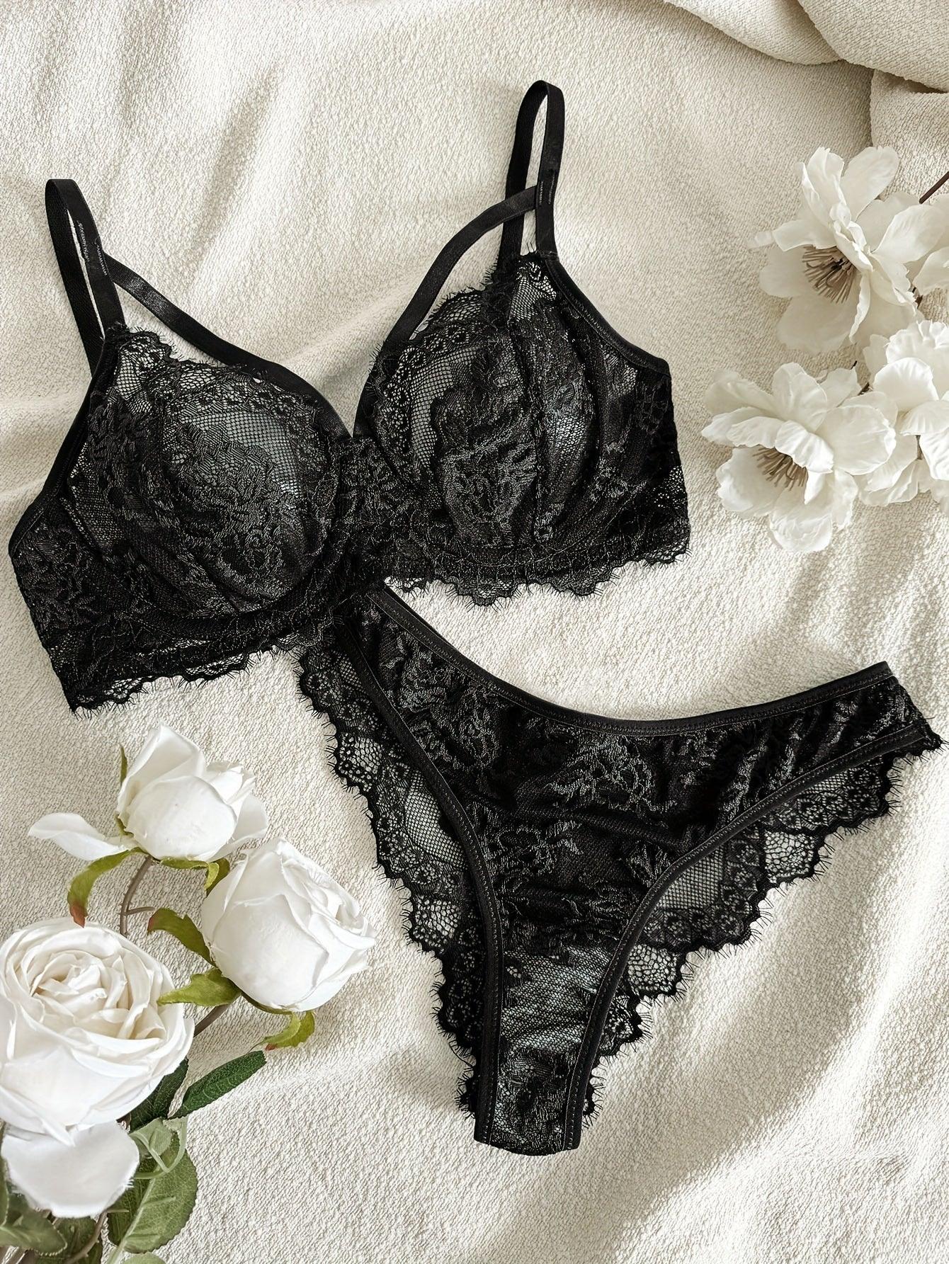 Sexy Lingerie Set, Floral Eyelash Lace Semi Sheer Underwire Bra & Briefs, Women's Lingerie & Underwear - Luvia