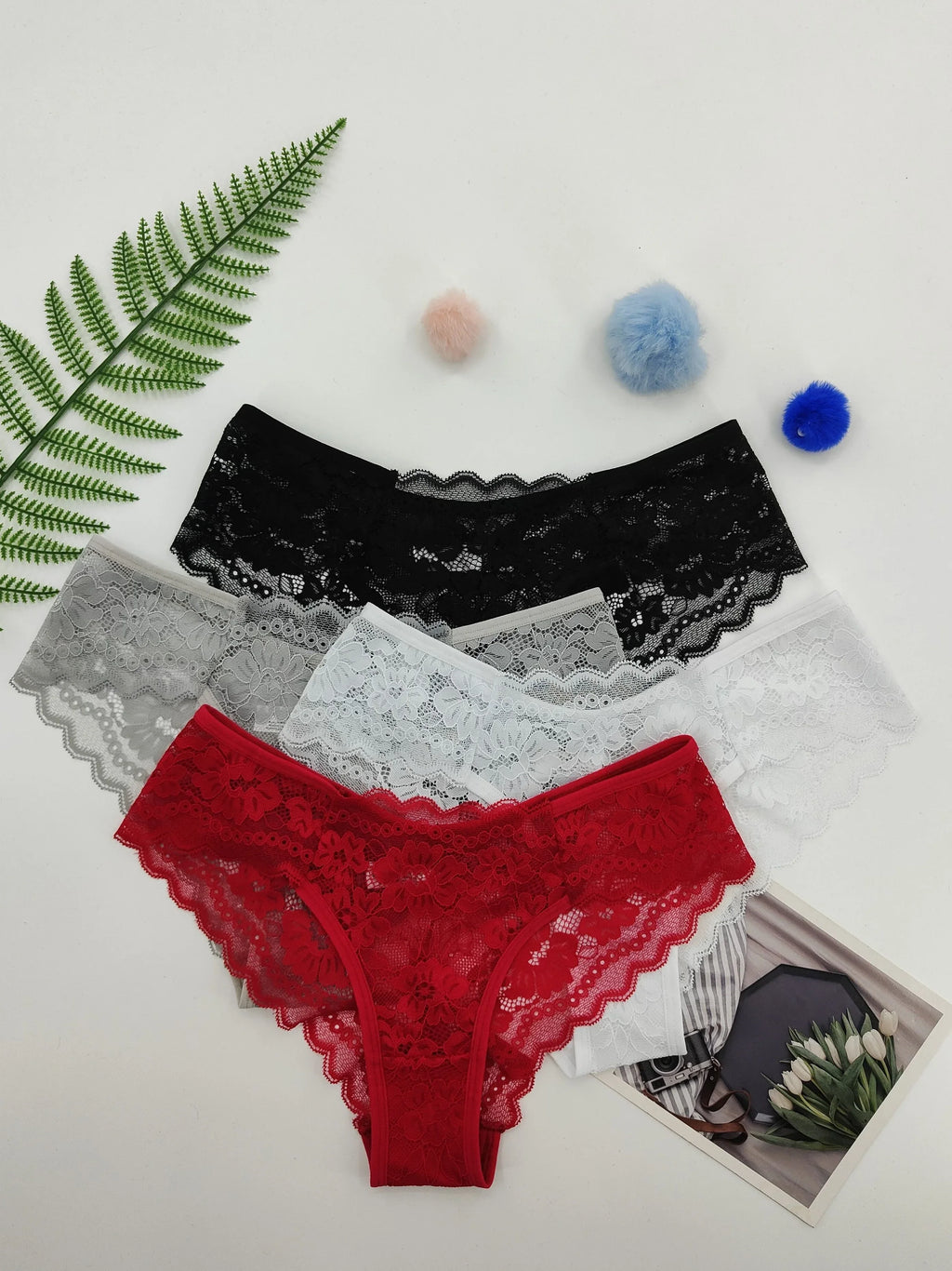 4 Pcs Women's Elegant Sheer Jacquard Lace Bikini Panties, Mid Stretch Low Waist Panties, Women's Lingerie & Underwear - Luvia