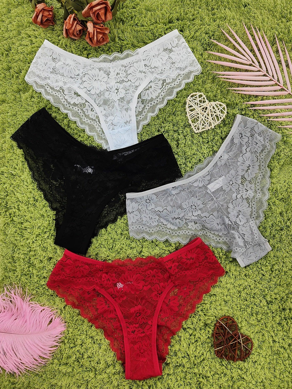 4 Pcs Women's Elegant Sheer Jacquard Lace Bikini Panties, Mid Stretch Low Waist Panties, Women's Lingerie & Underwear - Luvia