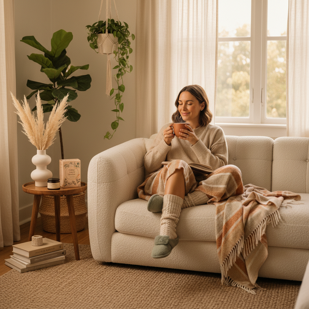 Cozy self-care lifestyle image for Luvia