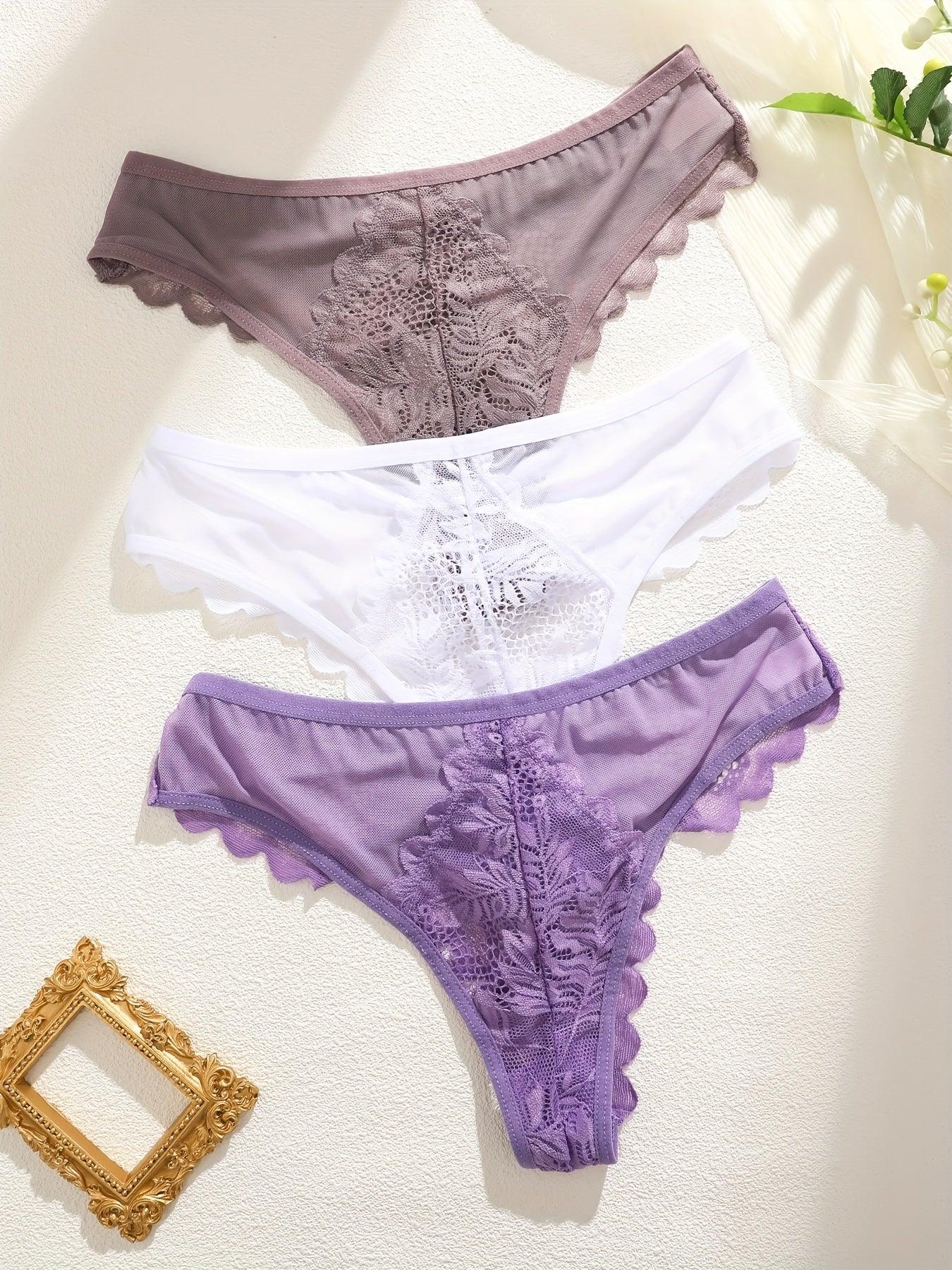 3pcs Women's Lace Thong Set, Sexy Semi-Sheer Panties - Luvia