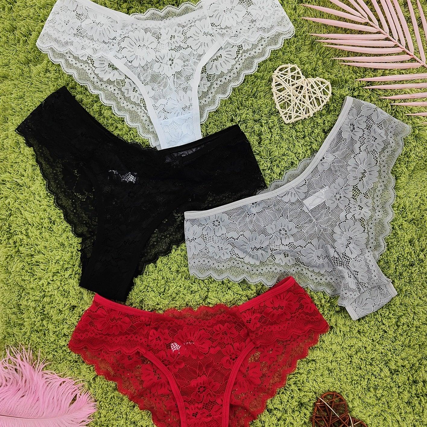 4 Pcs Women's Elegant Sheer Jacquard Lace Bikini Panties, Mid Stretch Low Waist Panties, Women's Lingerie & Underwear - Luvia