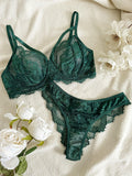 Sexy Lingerie Set, Floral Eyelash Lace Semi Sheer Underwire Bra & Briefs, Women's Lingerie & Underwear - Luvia