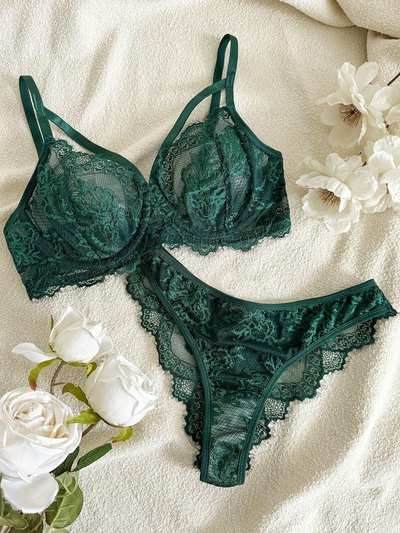 Sexy Lingerie Set, Floral Eyelash Lace Semi Sheer Underwire Bra & Briefs, Women's Lingerie & Underwear - Luvia